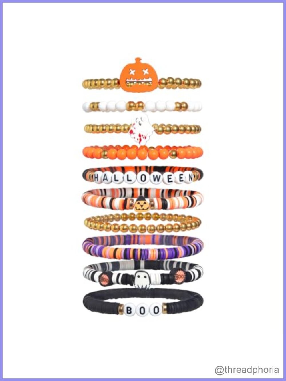 Halloween Bracelets Set of 10, Clay Heishi Preppy Boo Skull Charm Stretch